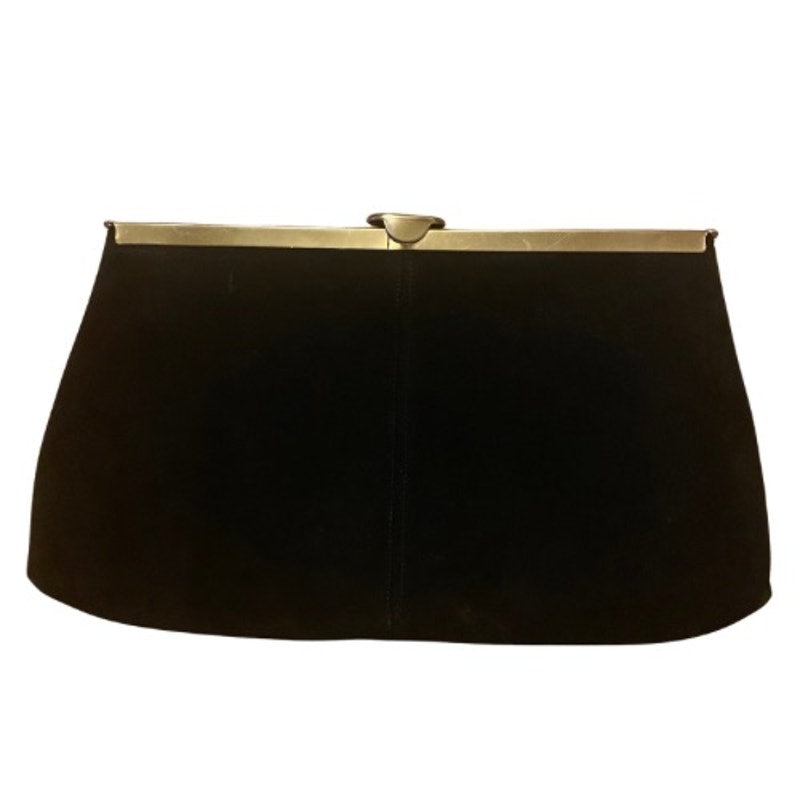 Vintage Large Black Suede Clutch/Evening Bag with Brass Clasp and Chain