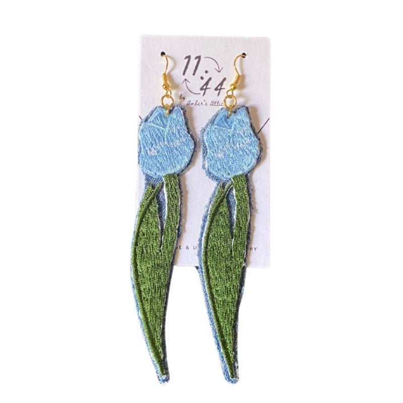 Upcycled Vintage Blue Tulip Embroidered Patch + Denim Earrings
