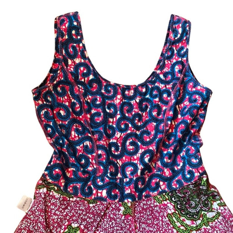 Vibrant Hot Pink, Royal Blue, Lime Green Abstract Ankara Print Wide-Legged Sleeveless Cotton Jumpsuit (M)