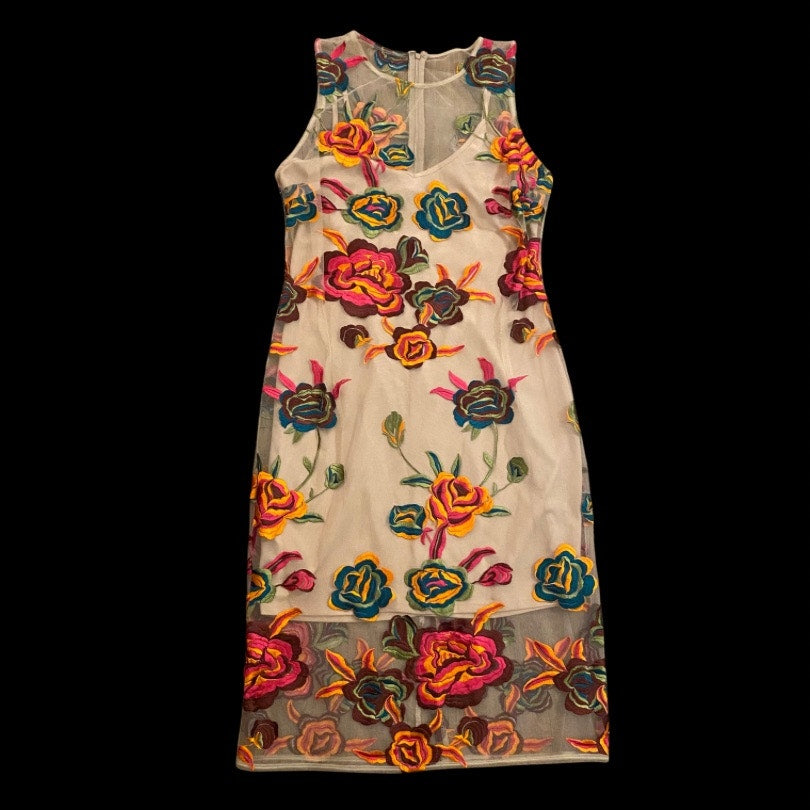 Sleeveless Peachy Pink Vibrant Floral Embroidered Mesh Overlay Sheath Dress (L)