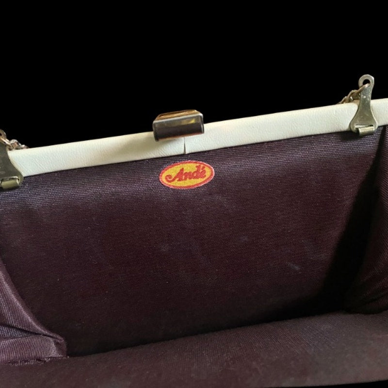 Vintage Beige Faux Leather Frame Clutch with Silver Chain Handle