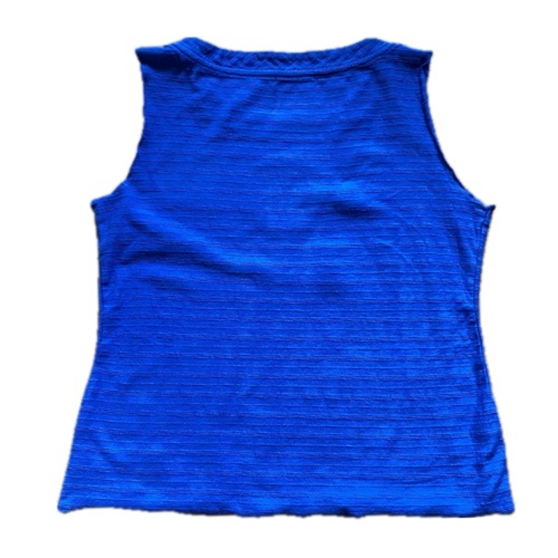 Upcycled Tropical Fish Vintage Patch Embellished Sleeveless Cobalt Blue Tank Top (S)
