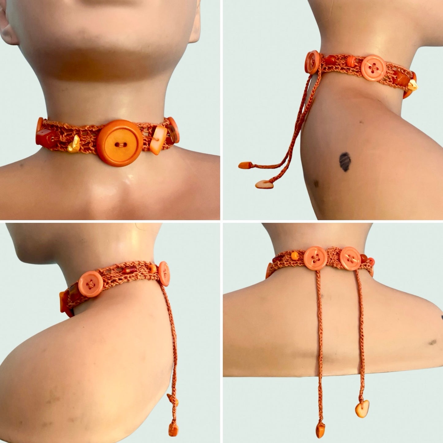 Orange Button Embellished Handknit Cotton Choker Necklace