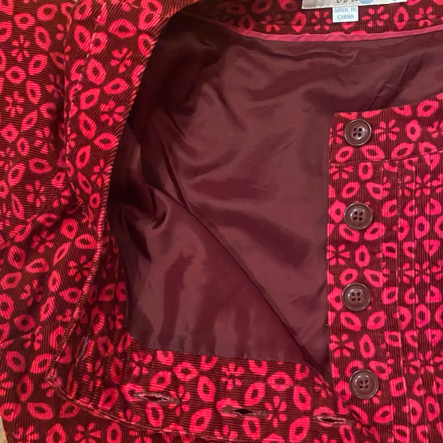 Hot Pink & Maroon Retro Floral Pattern Corduroy Shift Dress (8P)
