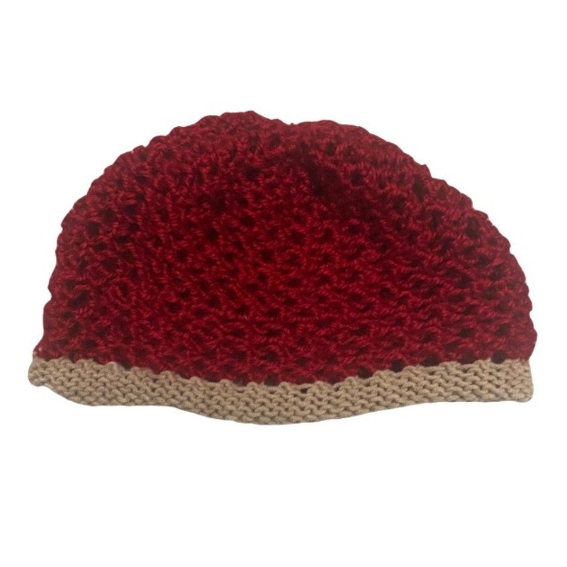 Cherry Red/ Tan Knit Mesh Skull Cap/ Beanie (M/L)