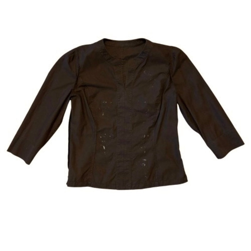 Painted Roses Upcycled Vintage Chocolate Brown Cotton 3/4 Sleeve Top (Medium)