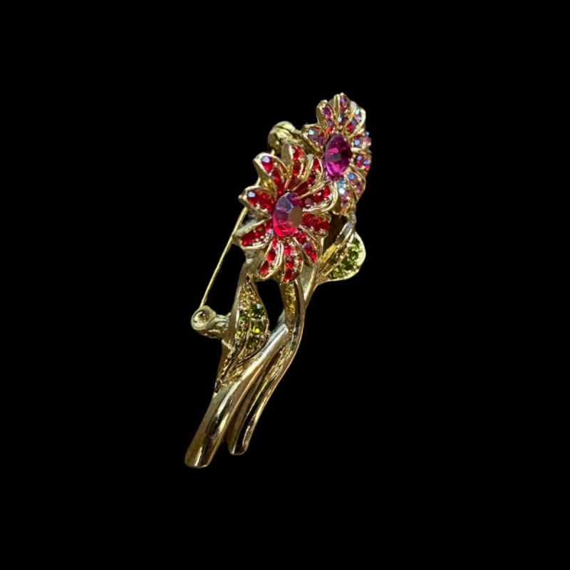 Vintage AB Red & Fuchsia Rhinestones Goldtoned Flower Brooch