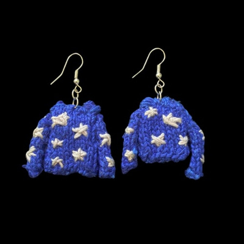 CORALINE Star Embroidered Blue Sweater Earrings | Handknit with Cotton Thread