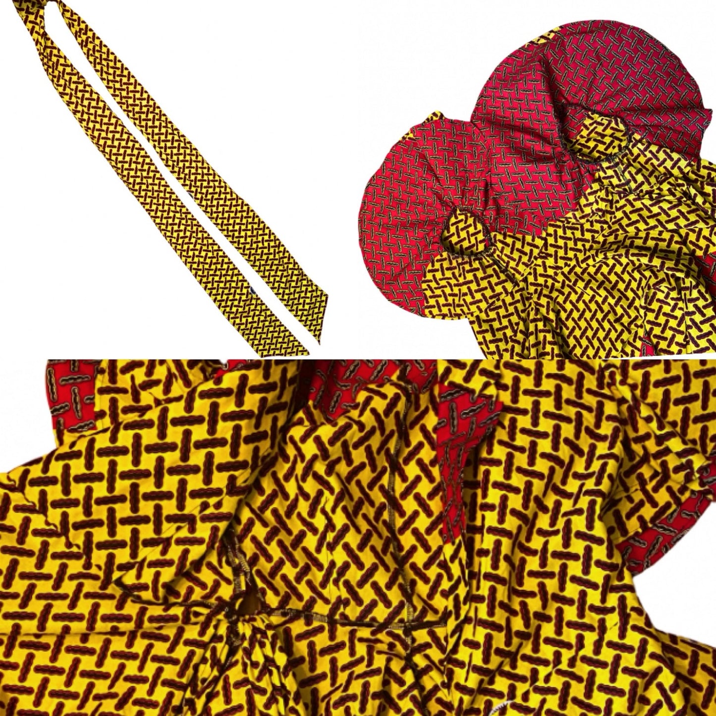 Vibrant Yellow Black & Red Geometric Ankara Print 100% Cotton Layered Wrap Dress (S)