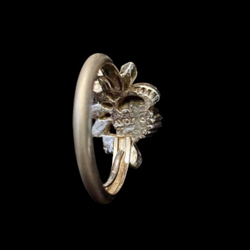 Vintage Avon Faux Cream Pearl Rhinestone Feather Fan Silver Toned Ring (6-7)