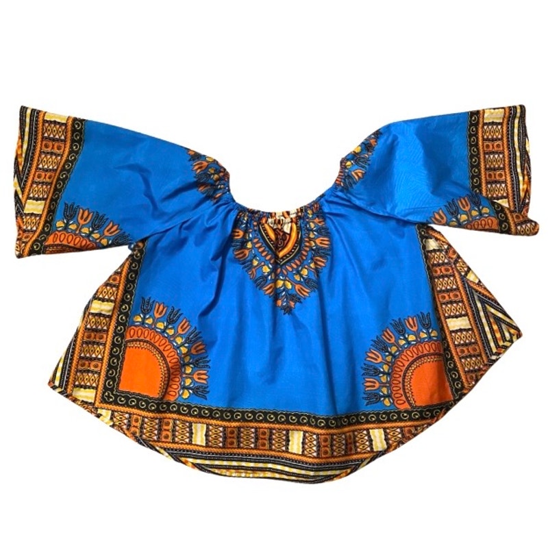 Off Shoulder Breezy Blue/Orange Ankara Dashiki Print Blouse (Fits up to 2X)