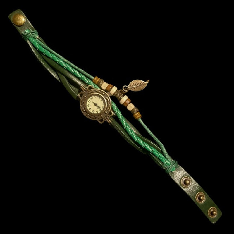 Earthy Green Leather Watch Bracelet with Wood Beads Bronze Feather Charm