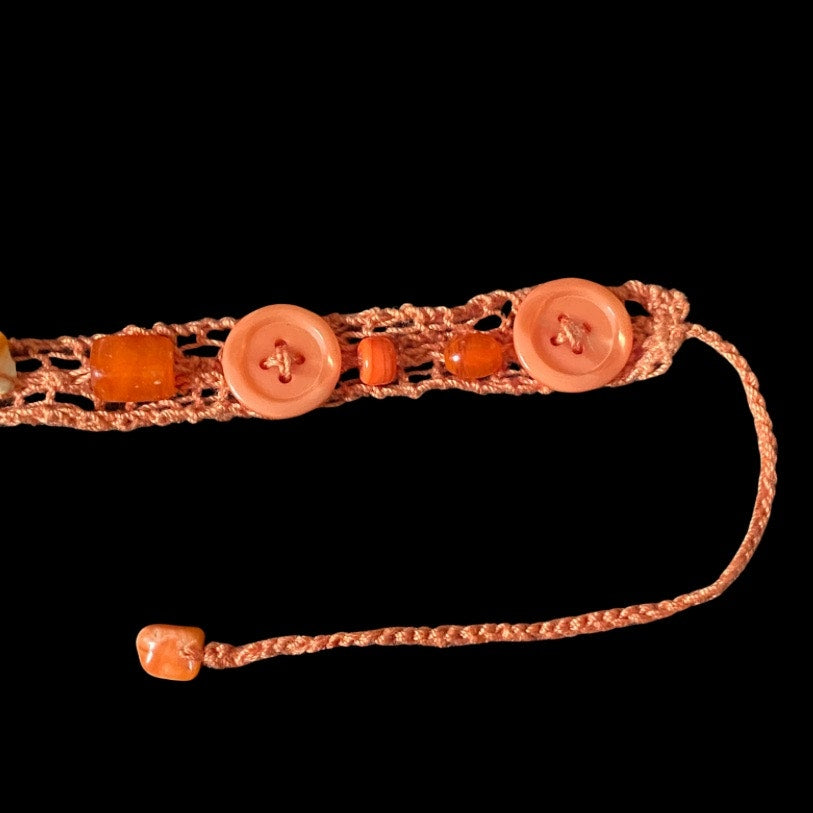 Orange Button Embellished Handknit Cotton Choker Necklace