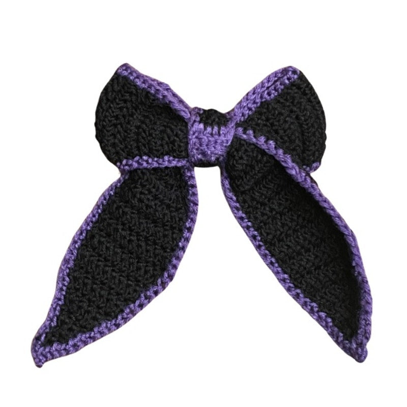 Black Crochet Bow with Purple Trim - Handmade Accessory with Removable Clip