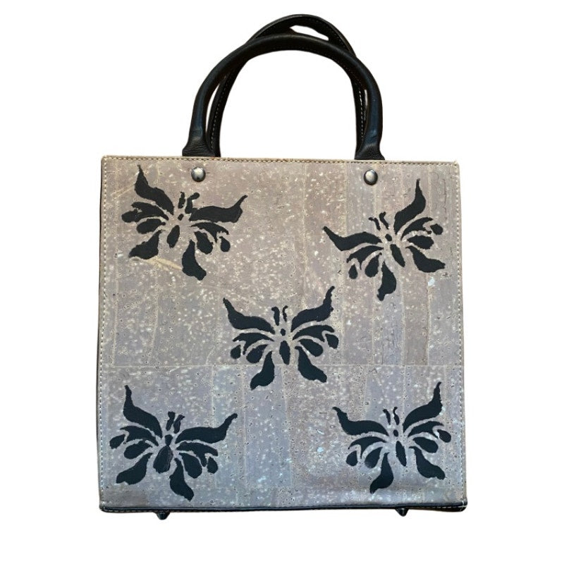 Upcycled Painted Black/Greige Butterfly Cork & Leather Handbag
