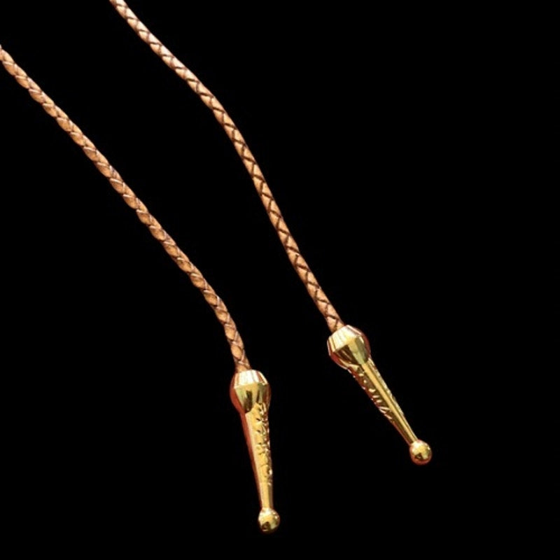 Art Deco Mock Yellow Topaz & Rhinestone Studded Triangle Camel Brown Leather Cord Bolo Tie