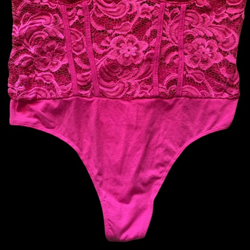 Hot Pink Lace Spaghetti Strap Bustier Bodysuit (XL)