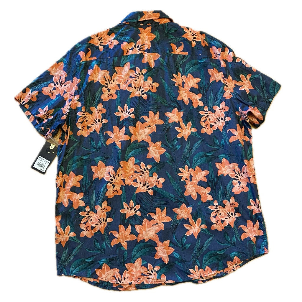 NWT Dark Blue & Orange Hibiscus Print Button Down Shirt (XXL)