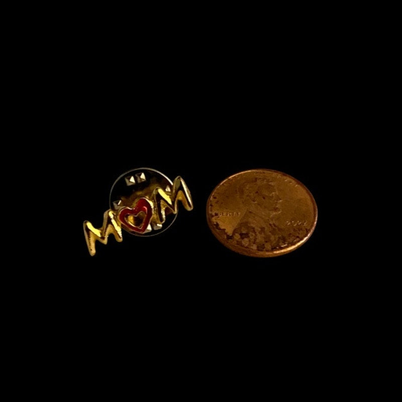 Vintage Tiny “MOM” Gold & Red Heart Lapel/ Tack Pin