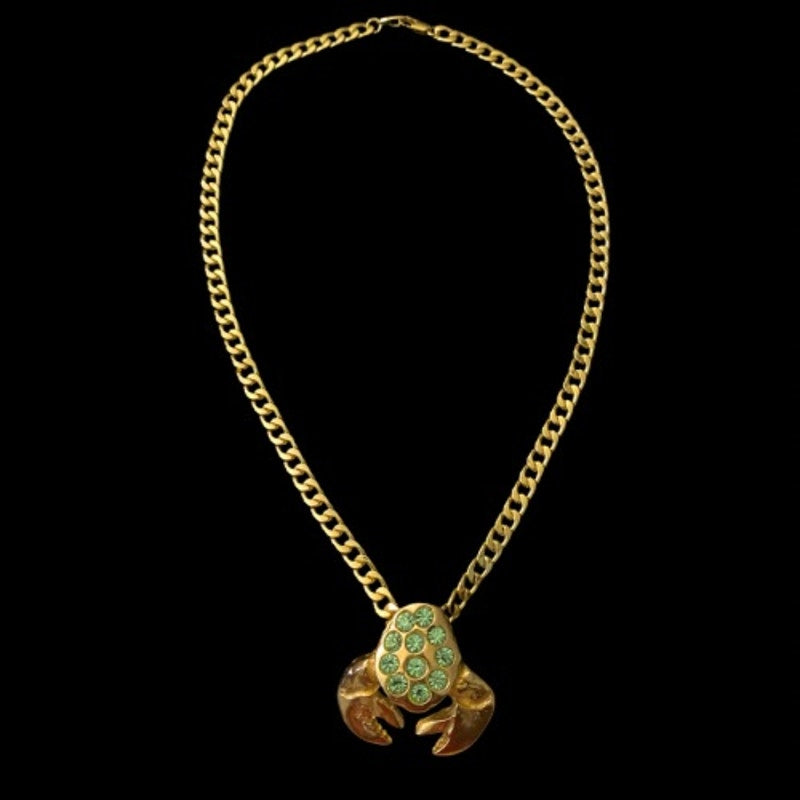 Emerald Rhinestone Studded Crab Pendant Stamped 18 Karat Yellow Gold Chain Necklace