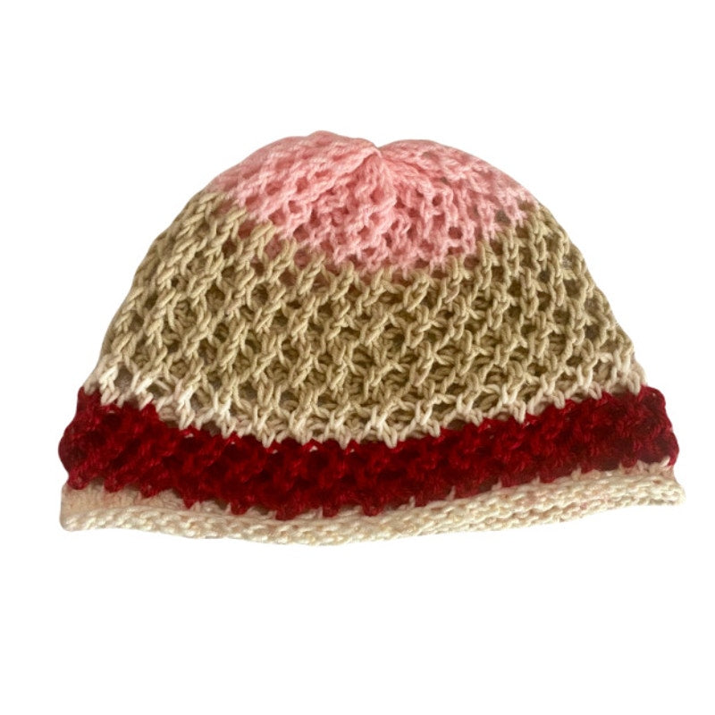 Pink/Tan/Red/Cream Colorblock Retro Style Knit Mesh Skull Cap (S/M)