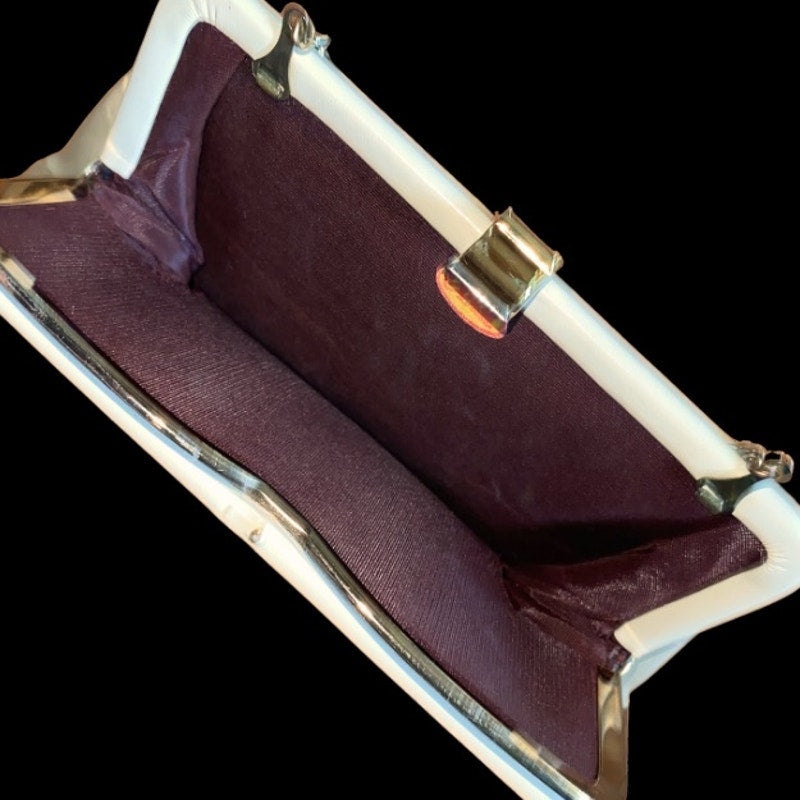 Vintage Beige Faux Leather Frame Clutch with Silver Chain Handle