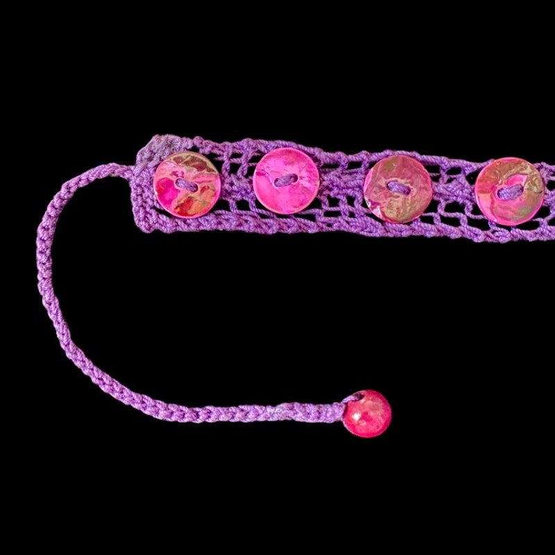 Magenta Purple Shell Button Embellished Purple Handknit Cotton Choker Necklace