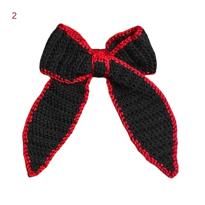 Black Crochet Bow with Red Trim - Handmade Accessory with Removable Clip