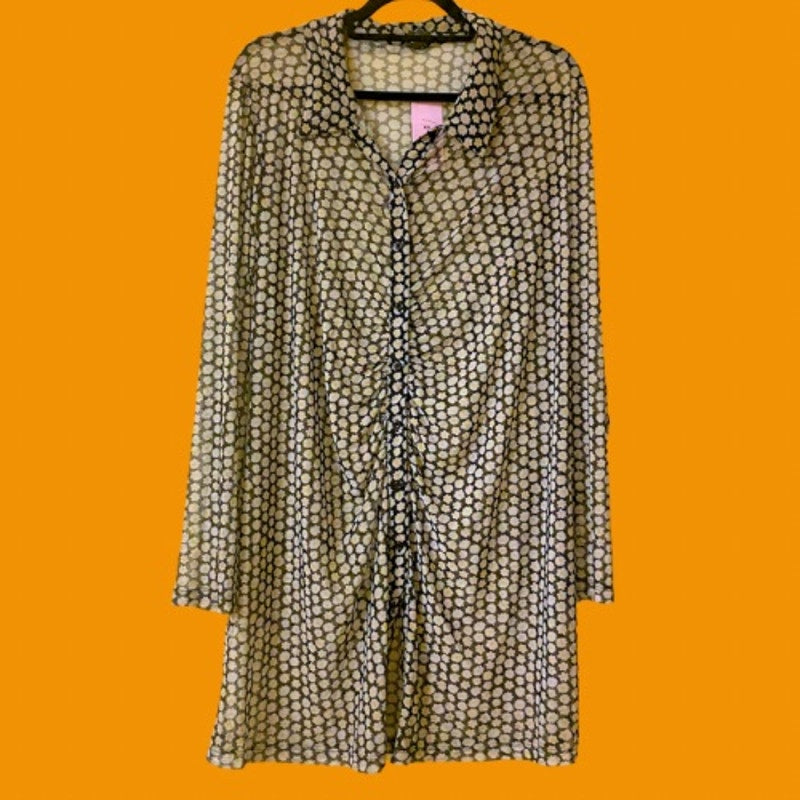 NWT Black Floral Daisy Print Longsleeve Sheer Mesh Button Down Shirt Dress Coverup (XXL)
