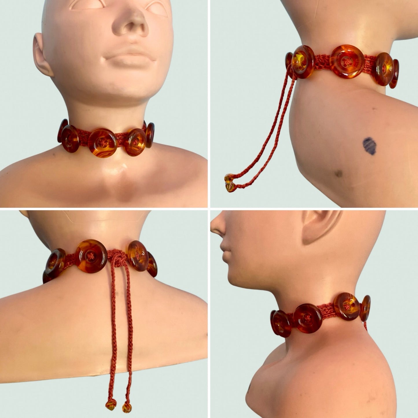 Burnt Orange Button Embellished Handknit Cotton Choker Necklace