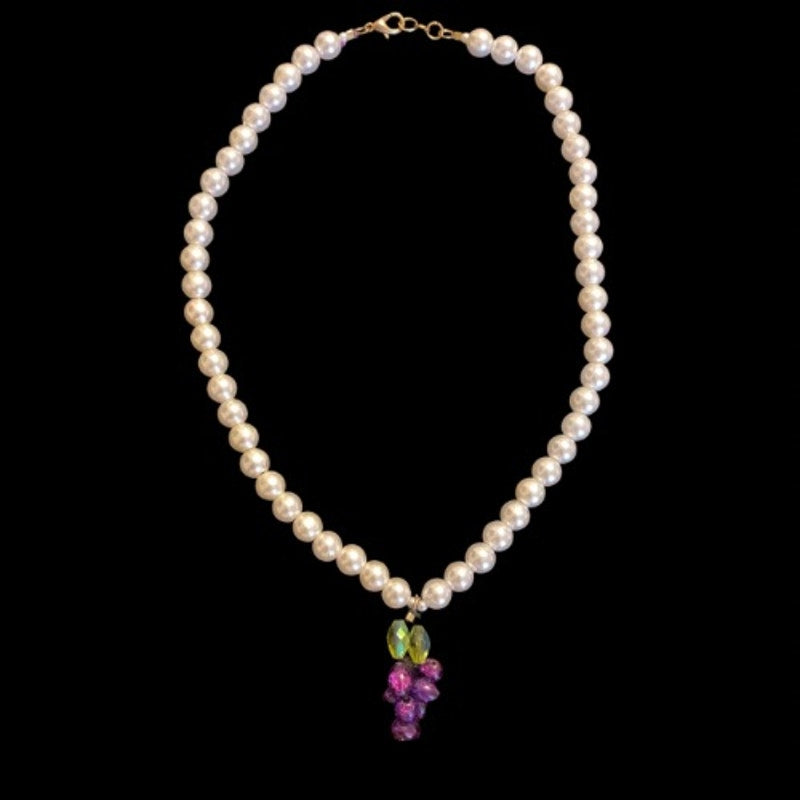 Grape Cluster Pendant Mock Pearl Choker Necklace | Handmade with Vintage Beads