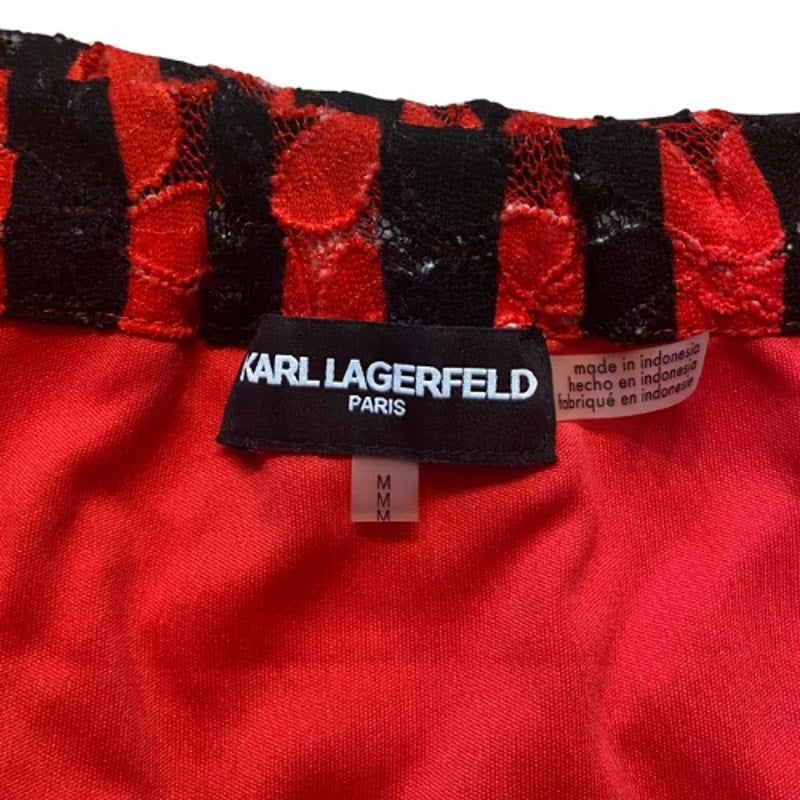 Black and Red Striped Floral Lace Off Shoulder Blouse (M)