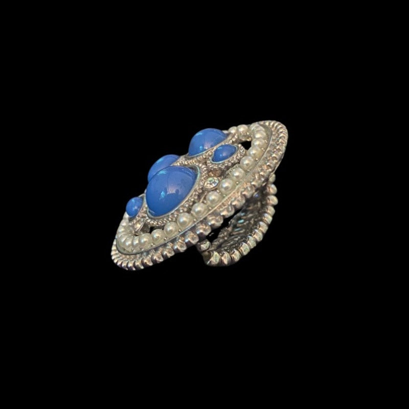 Round Mock Turquoise & Pearl Studded Costume Silver Cocktail Ring (7-9)
