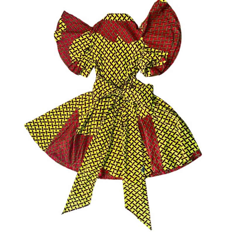 Vibrant Yellow Black & Red Geometric Ankara Print 100% Cotton Layered Wrap Dress (S)