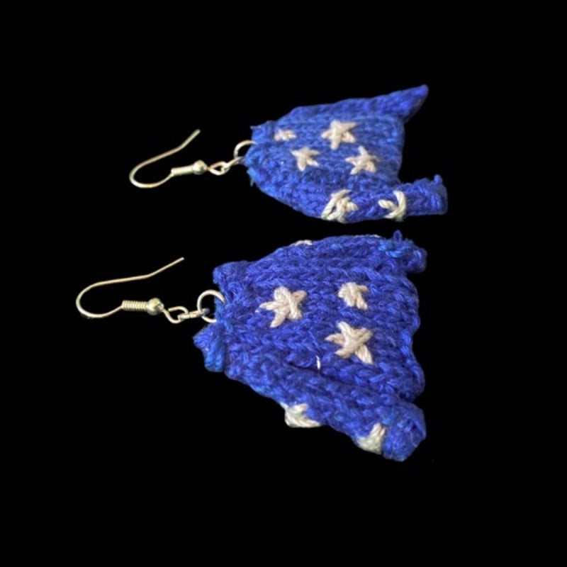 CORALINE Star Embroidered Blue Sweater Earrings | Handknit with Cotton Thread