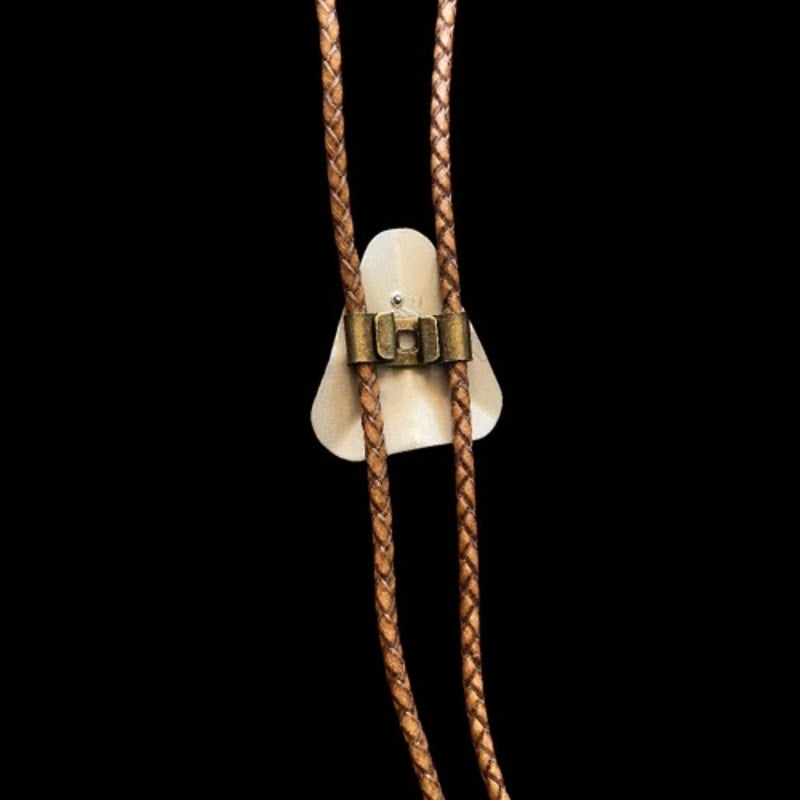 Abstract Cream/Grey/Dark Purple Triangle Camel Brown Leather Cord Bolo Tie