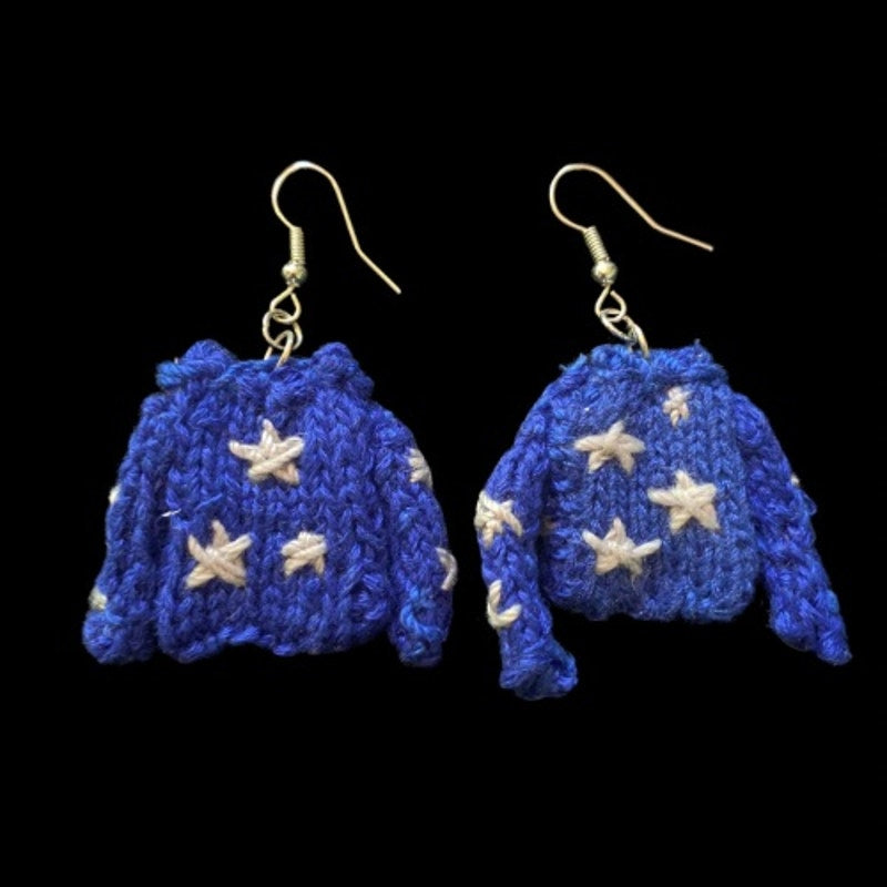 CORALINE Star Embroidered Blue Sweater Earrings | Handknit with Cotton Thread