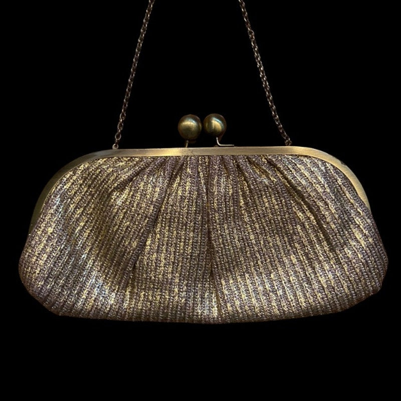 Large Vintage Knit Metallic Gold Clutch with Bronze Toned Chain Strap