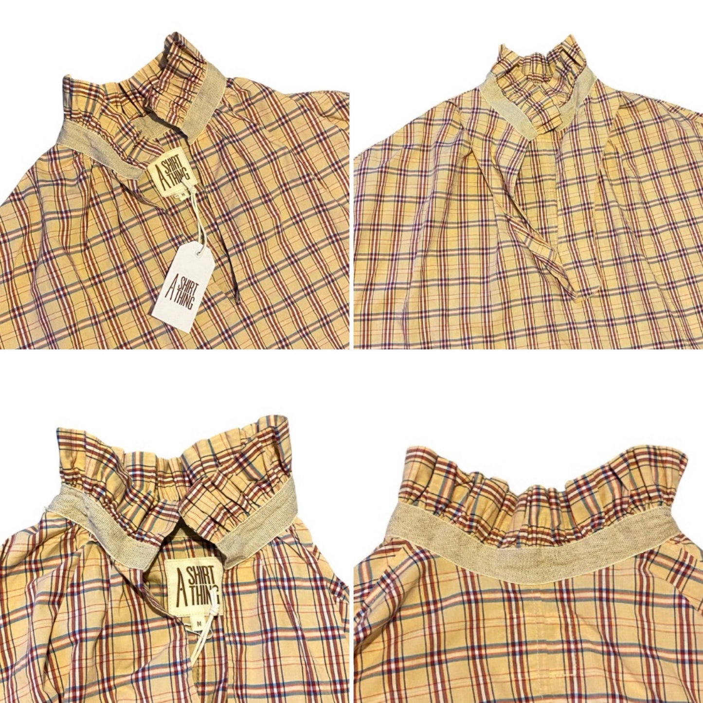 NWT Oversized Peach/Burgundy/Tan Plaid Ruffle Collar Long Sleeve Cotton Shirt (M)