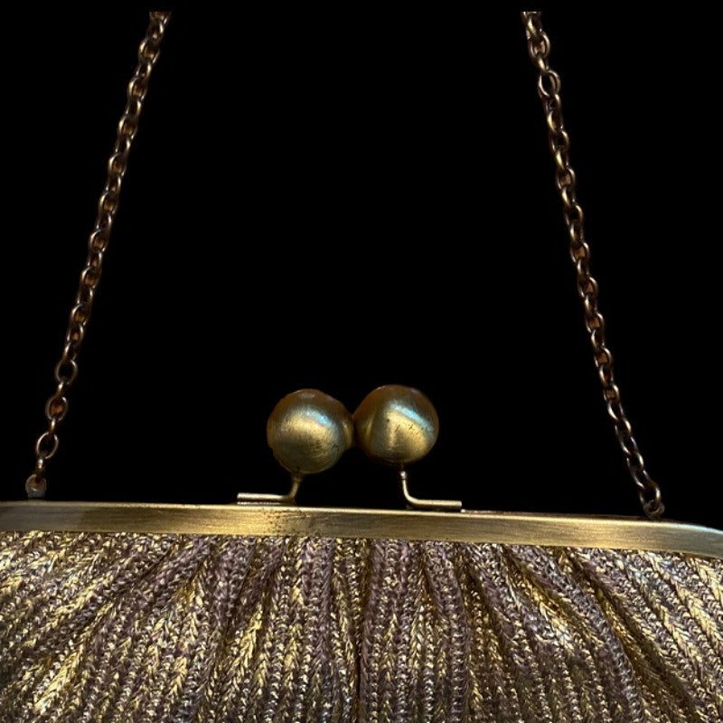Large Vintage Knit Metallic Gold Clutch with Bronze Toned Chain Strap