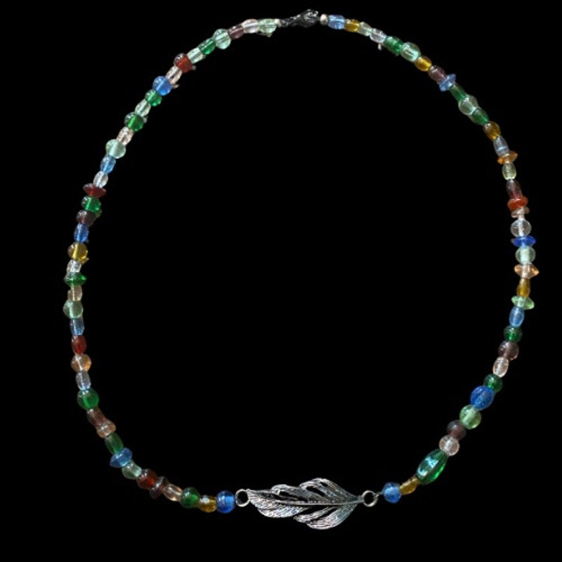 Morning Dew Silver Toned Leaf Link Pendant Rainbow Beaded Necklace