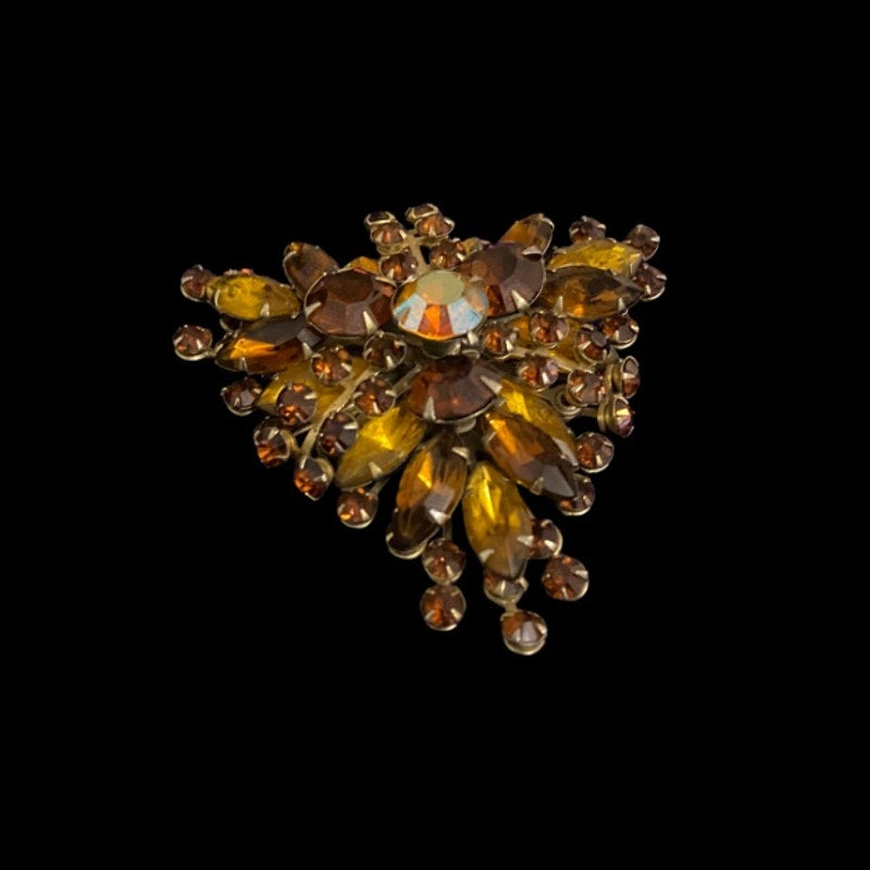 Large 1960’s Vintage Triangular Honey Brown Amber Topaz Rhinestone Brooch