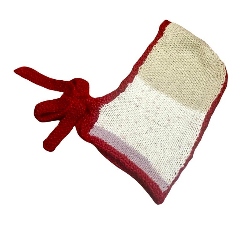 Striped Knit Cherry Red/ Neapolitan Bonnet-clava - Balaclava with Tie Closure (M)