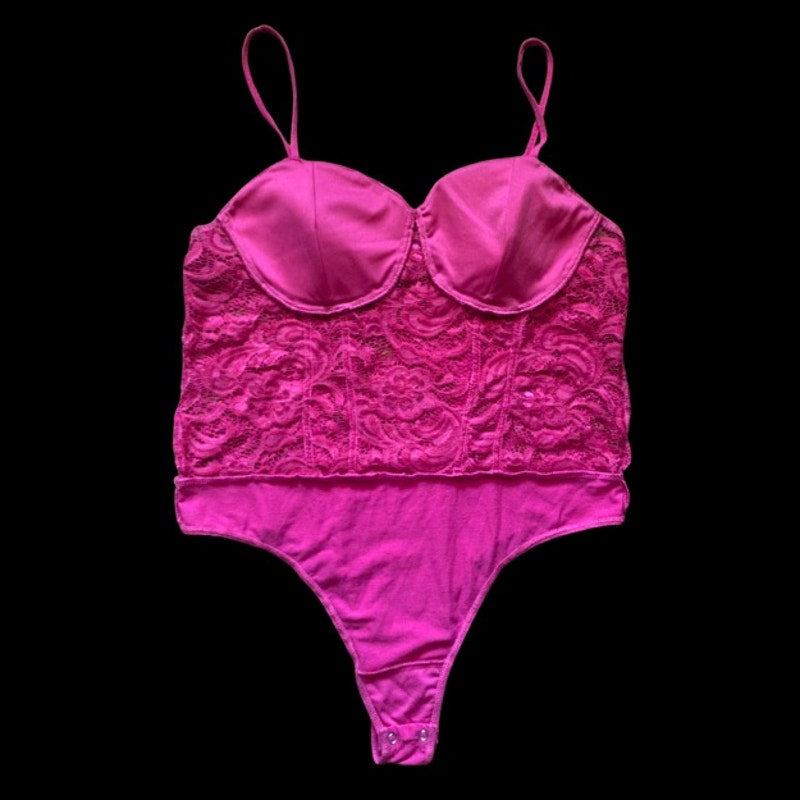 Hot Pink Lace Spaghetti Strap Bustier Bodysuit (XL)