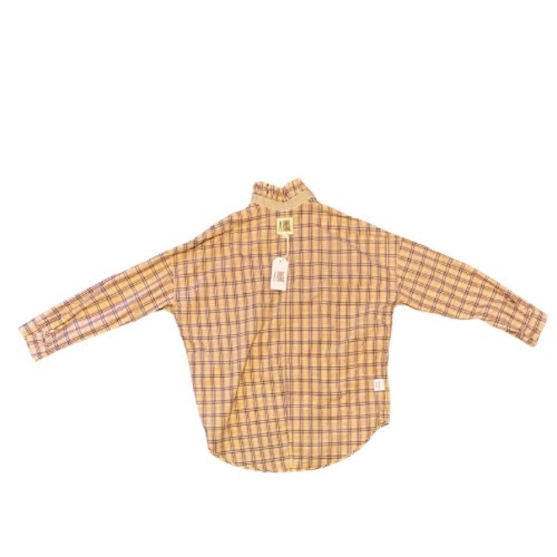 NWT Oversized Peach/Burgundy/Tan Plaid Ruffle Collar Long Sleeve Cotton Shirt (M)