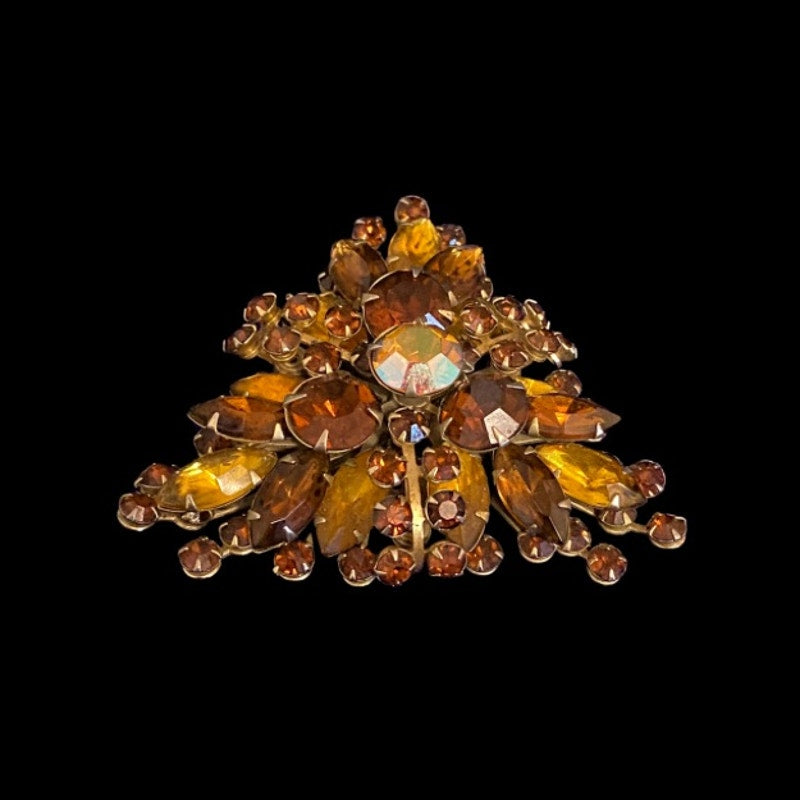 Large 1960’s Vintage Triangular Honey Brown Amber Topaz Rhinestone Brooch
