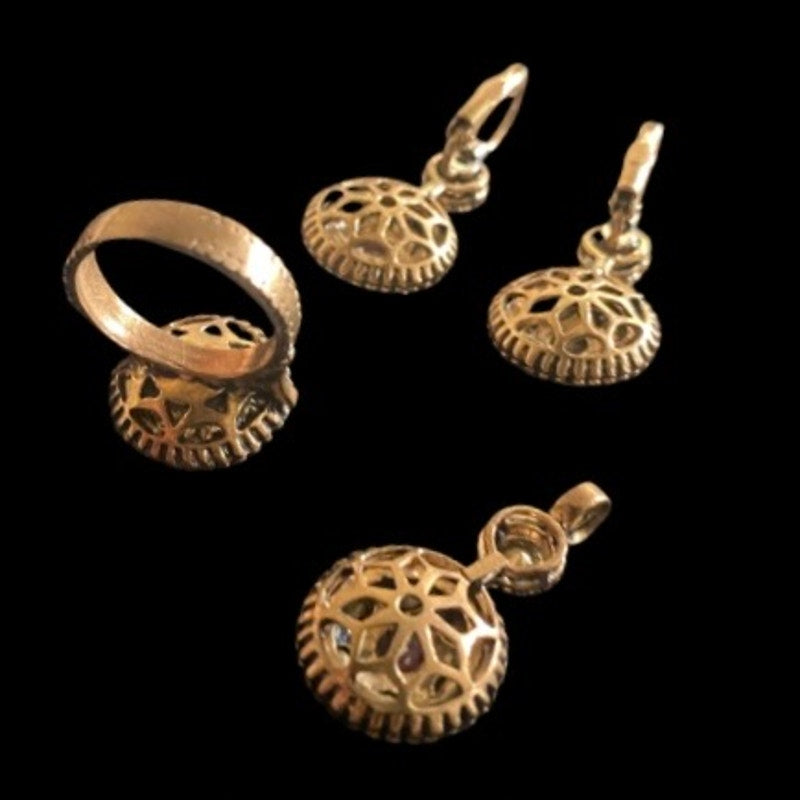 Y2K Ottoman Rose Shaped Mock Ruby & Diamente Bronze Circular Drop Earrings, Pendant, & Ring Jewelry Set