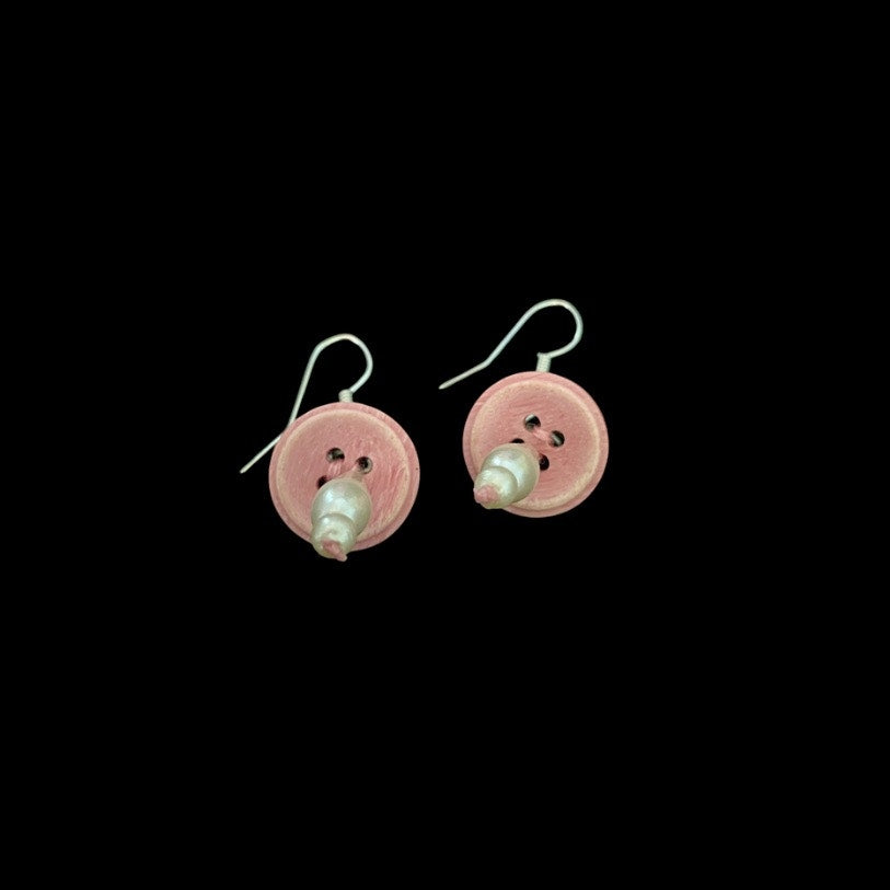 Pink Vintage Pearl Bead & Button Mushroom Earrings