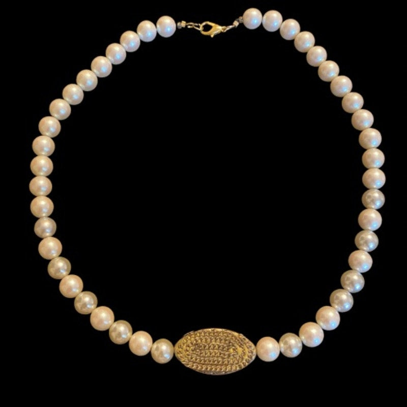 Oval Bronze Accent Mock Pearl Necklace | Handmade with Vintage Beads