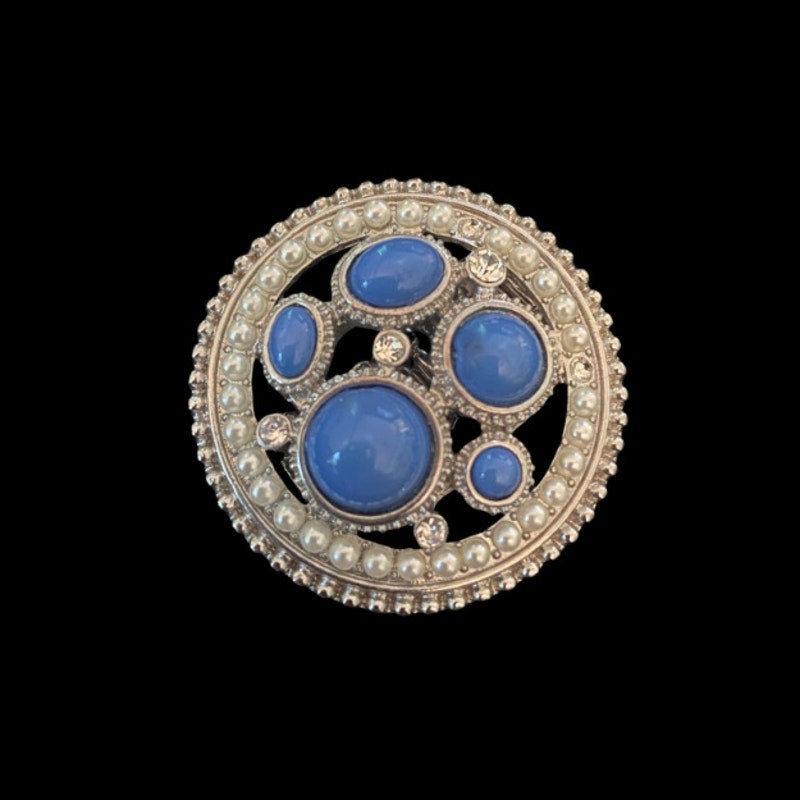 Round Mock Turquoise & Pearl Studded Costume Silver Cocktail Ring (7-9)